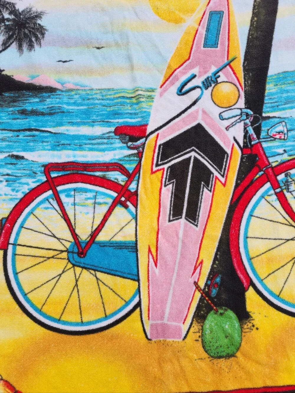 Surfer Beach Towel VTG 80's 90's Palm Tree Sunset Beach Cruiser Bike 54